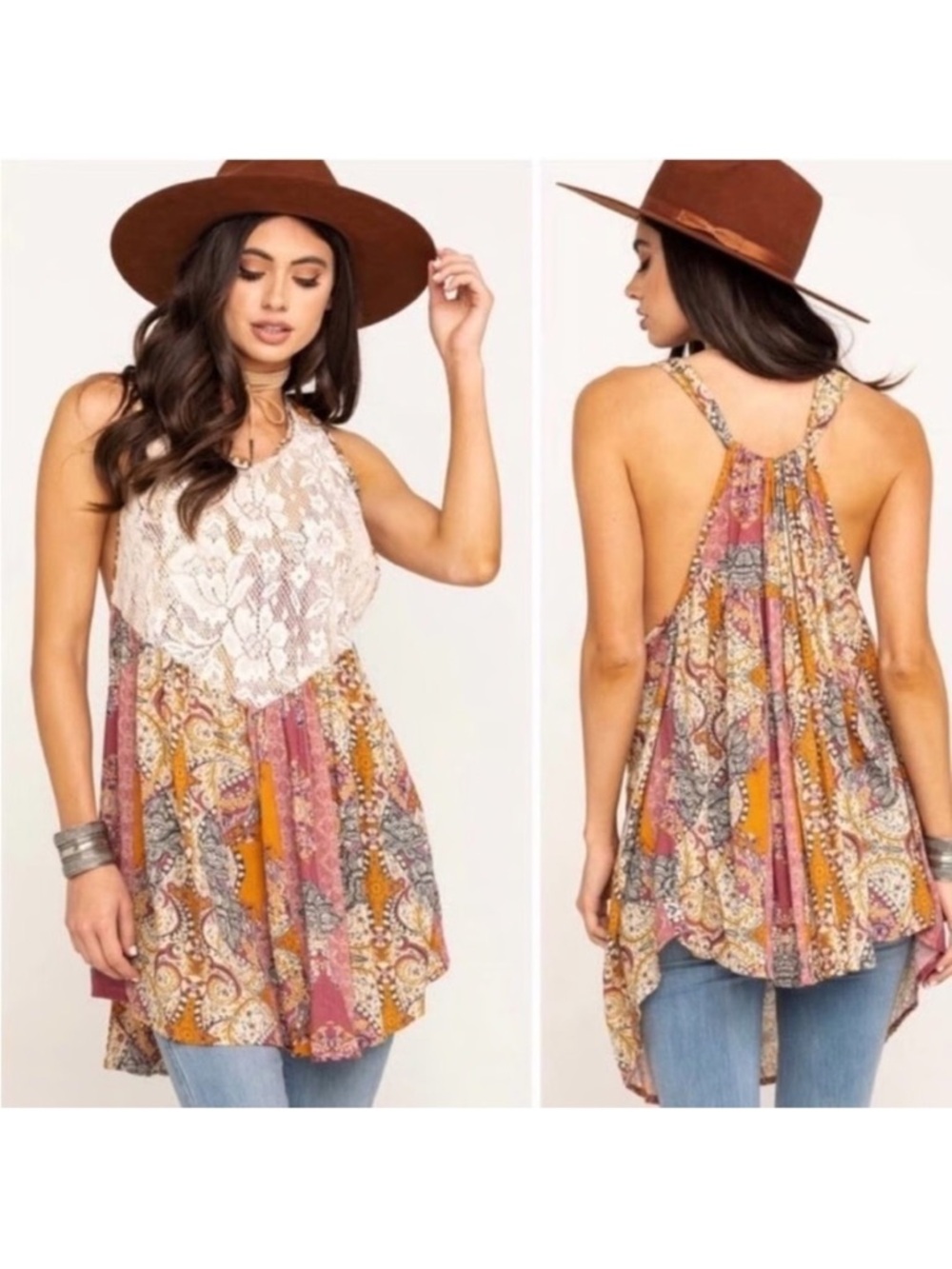 Free People Boho Lace-Front Paisley Halter Tank Top